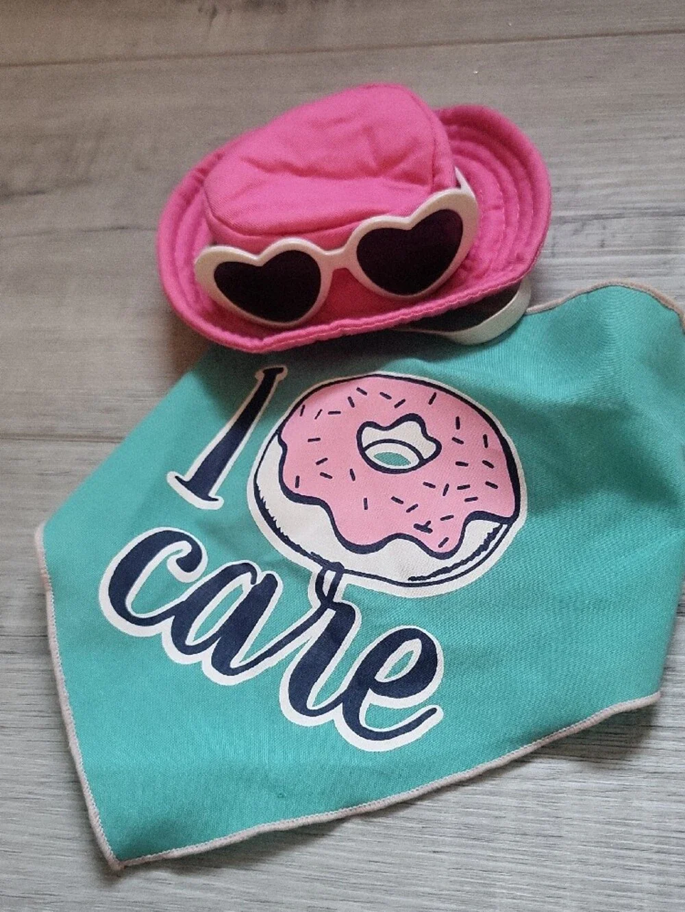Pink Sun Hat with Heart Sunglasses and Teal Donut Bandana for Dogs